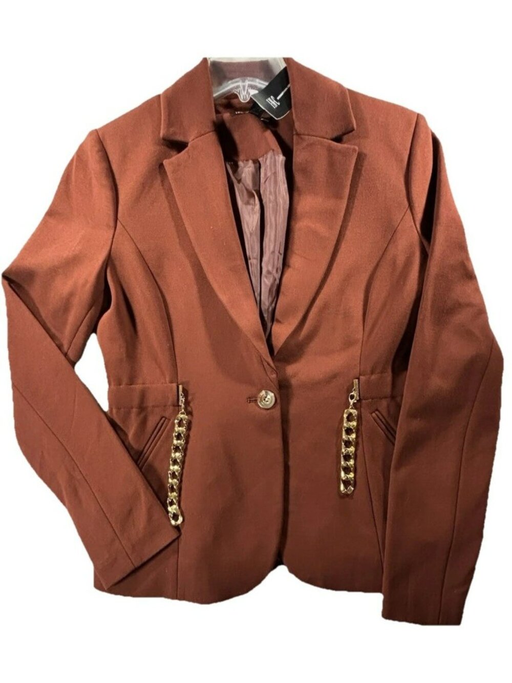 INC international Concepts Blazer Small Rust Sienna Gold Chain Zip Detail One NW